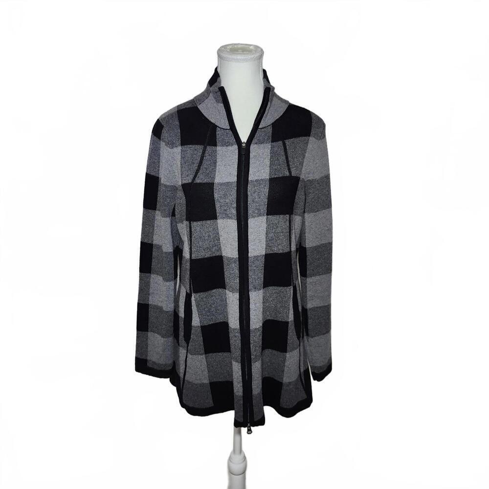 Adrienne Vittadini Women's Size L Black Gray Plaid Zip-Up Jacket